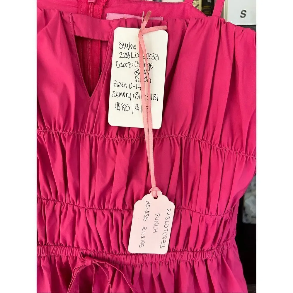 NWT LDT SAMPLE Pink Tiered Ruched Tie Front Keyhole Mini Dress Size 4